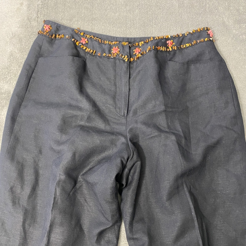 Larry Levine Pants Womens 10 Black Linen Blend Beaded Waist Cropped Straight Leg